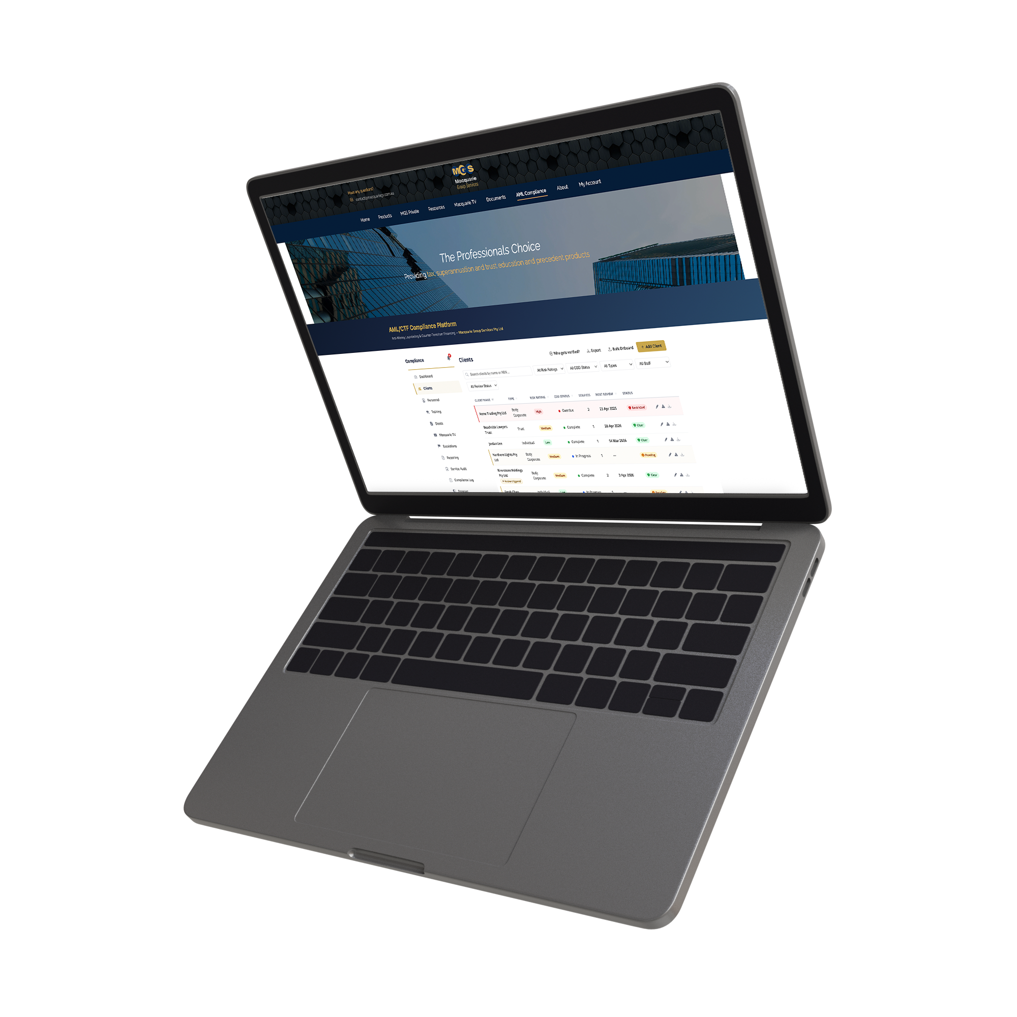 Macquarie AML compliance platform — Clients page shown on a laptop