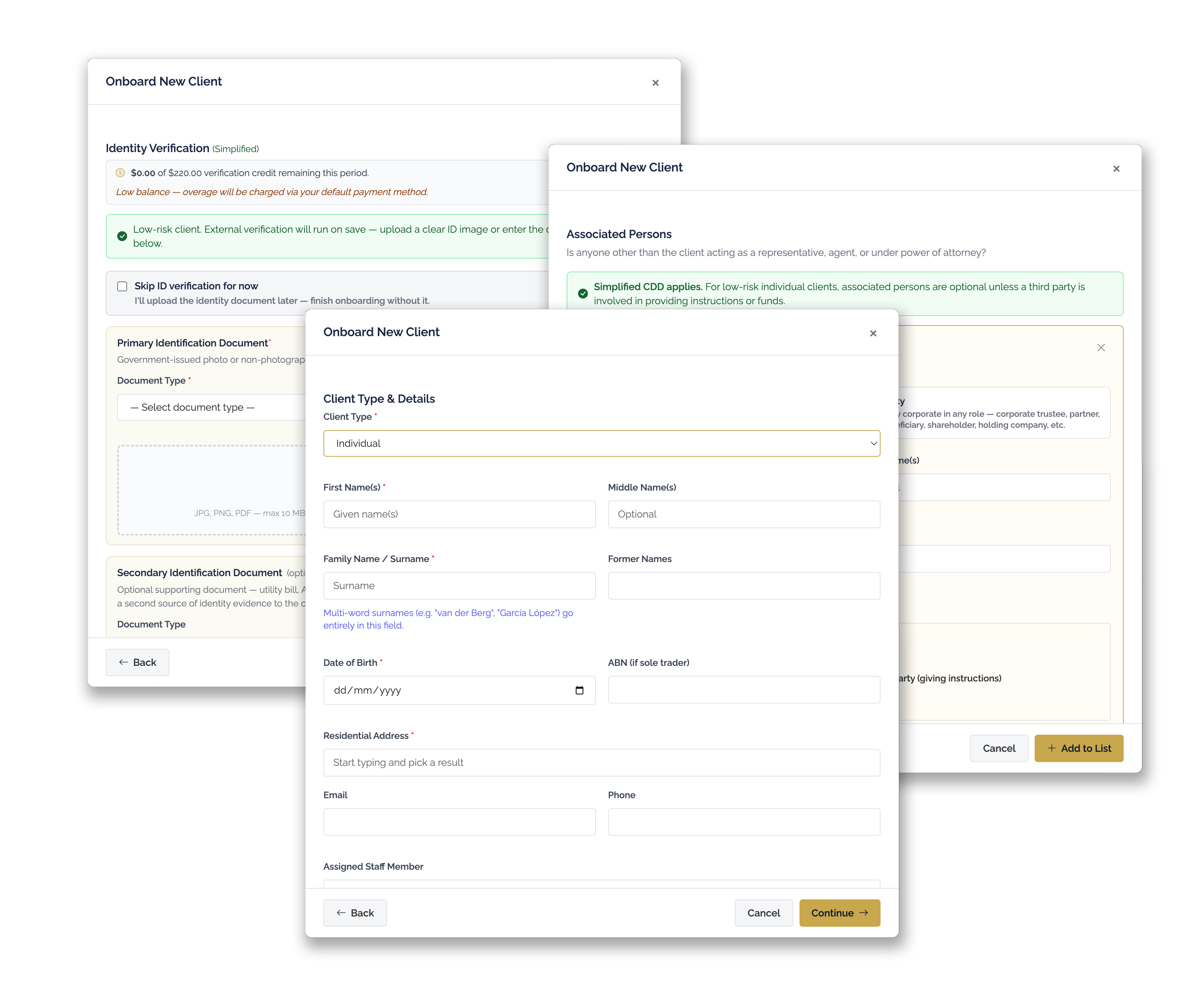 Onboarding wizard screenshots — client type, identity verification and associated persons steps
